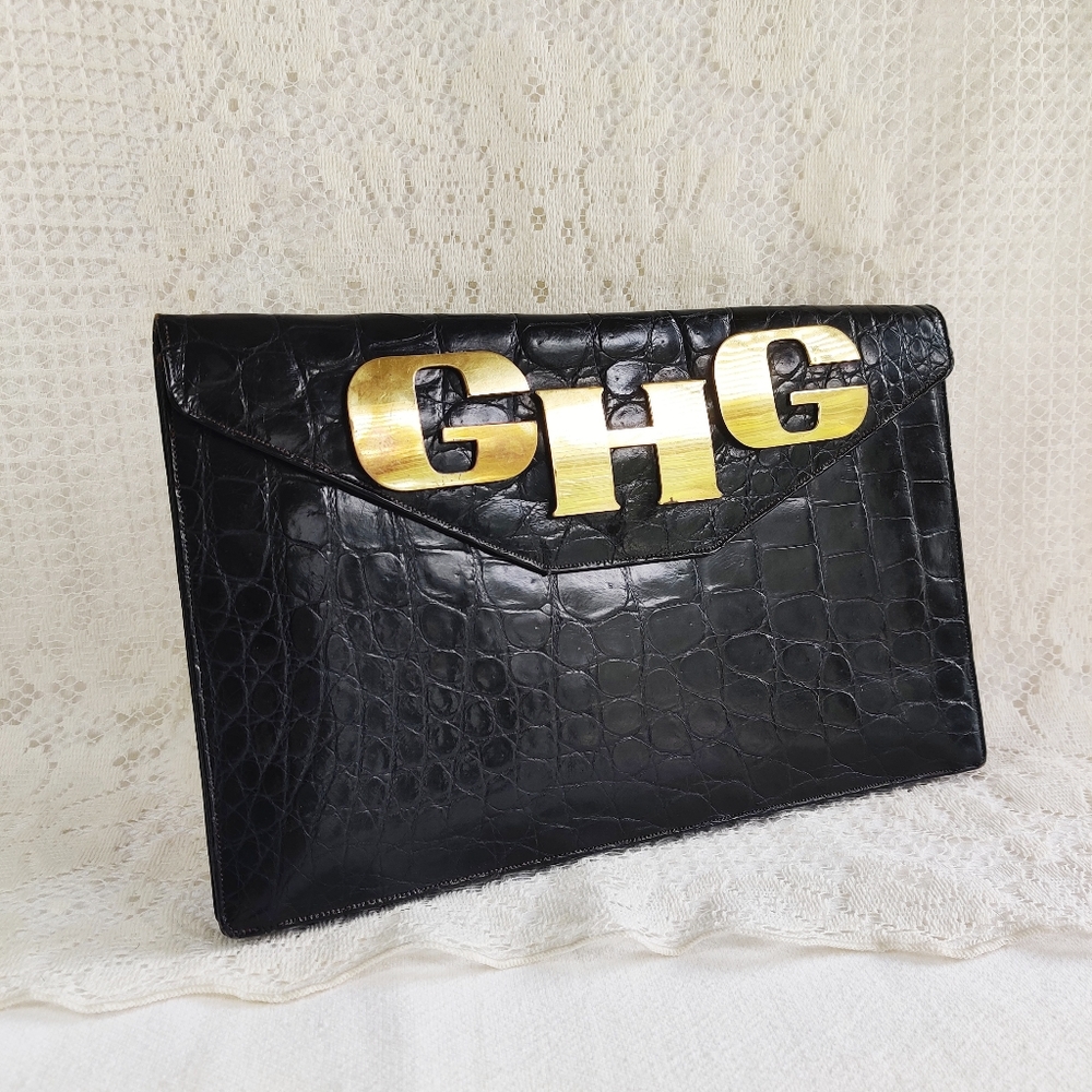 Black Alligator Skin Embossed Large Clutch Purse Vintage Abercrombie and Fitch
